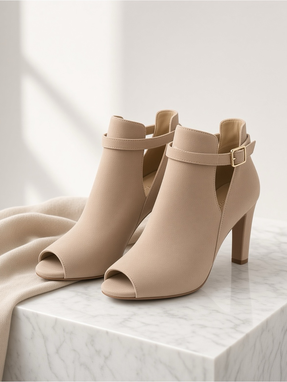 MICHAEL Michael Kors Nude Peep-Toe Ankle Booties with Gold Buckle